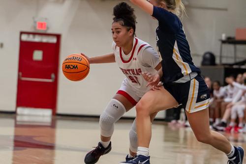 Women's basketball player controls the ball